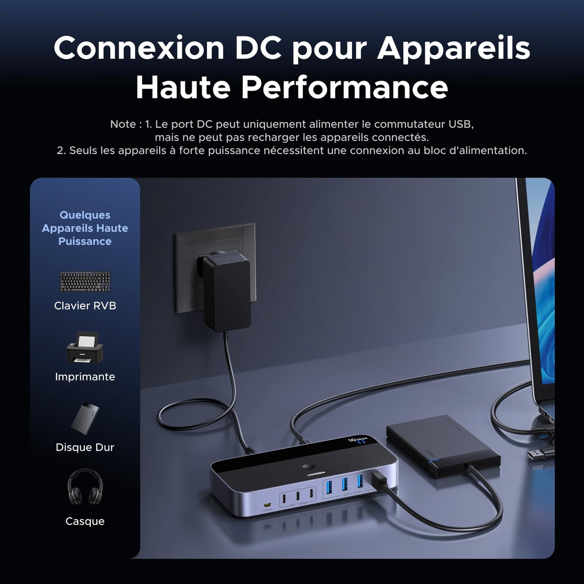 UGREEN 10Gbps Switch USB C 3.2 Commutateur KVM 2 PC Entrées 7 Sorties