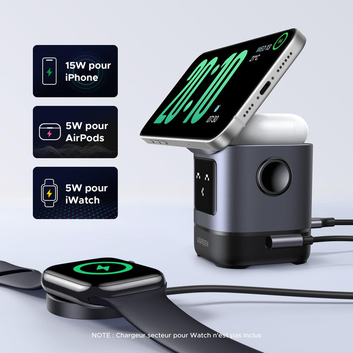 UGREEN Uno Qi2 Chargeur Induction iPhone 2 en 1 Certifié 15W Compatible avec MagSafe