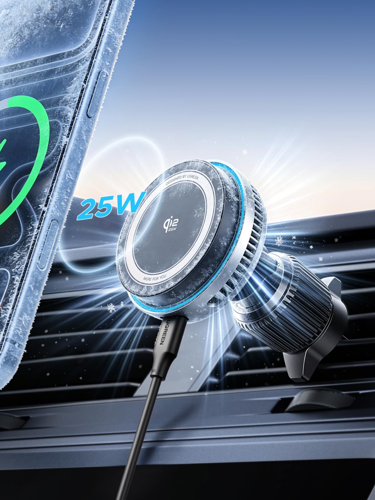 UGREEN MagFlow Pro Qi2 25W Car Charger MagSafe Air Vent Grille