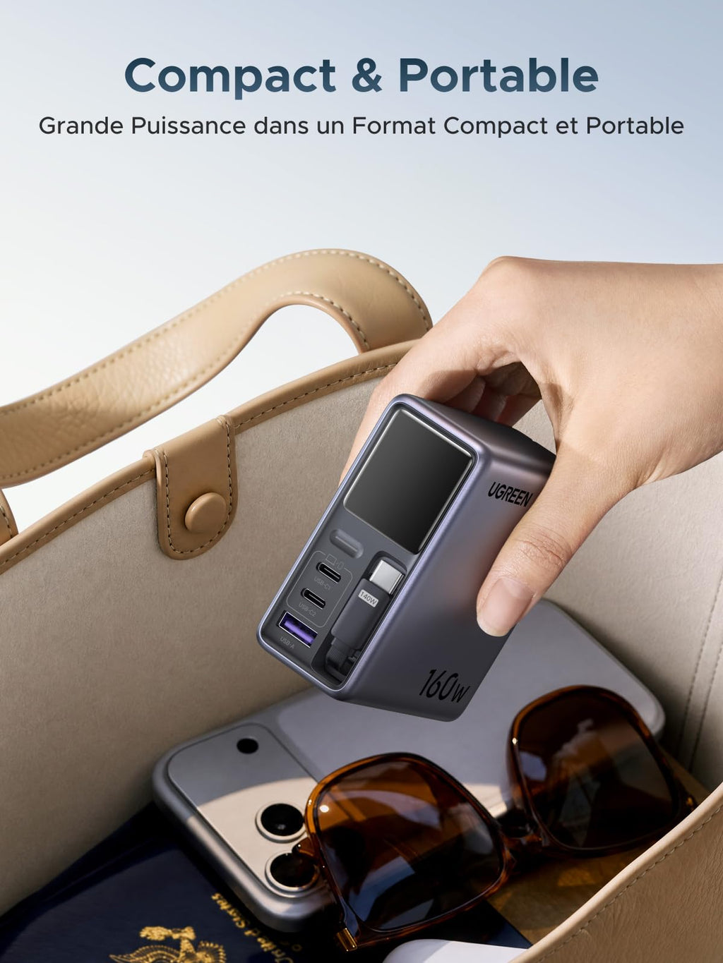 UGREEN Neoxde Pro 160W Chargeur USB C avec Écran Câble Rétractable