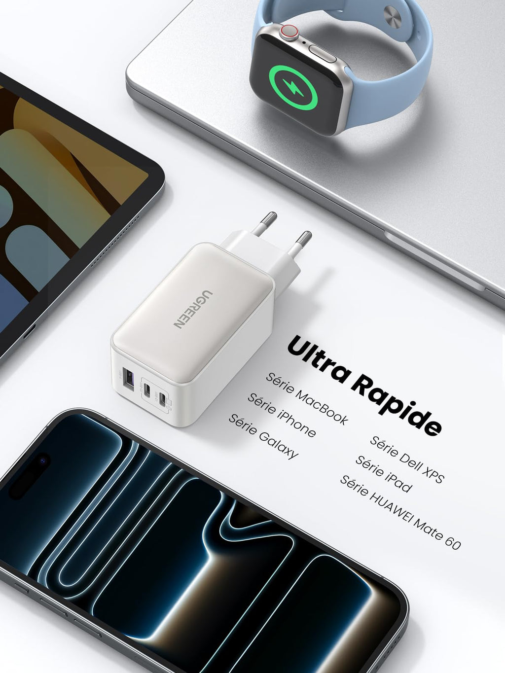 UGREEN Nexode 65W Chargeur USB C Rapide 3 Ports GaN Prise USB C (Blanc)