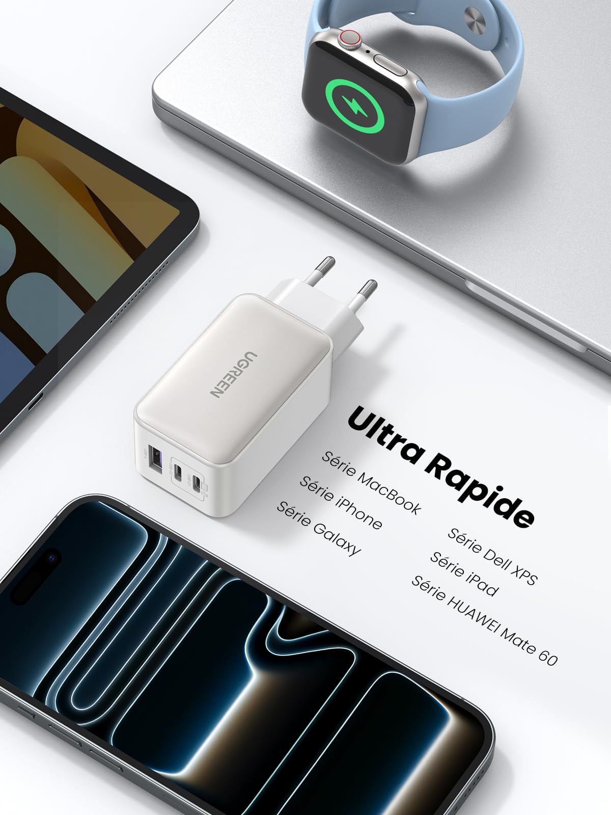 UGREEN Nexode 65W Chargeur USB C Rapide 3 Ports GaN Prise USB C (Blanc)