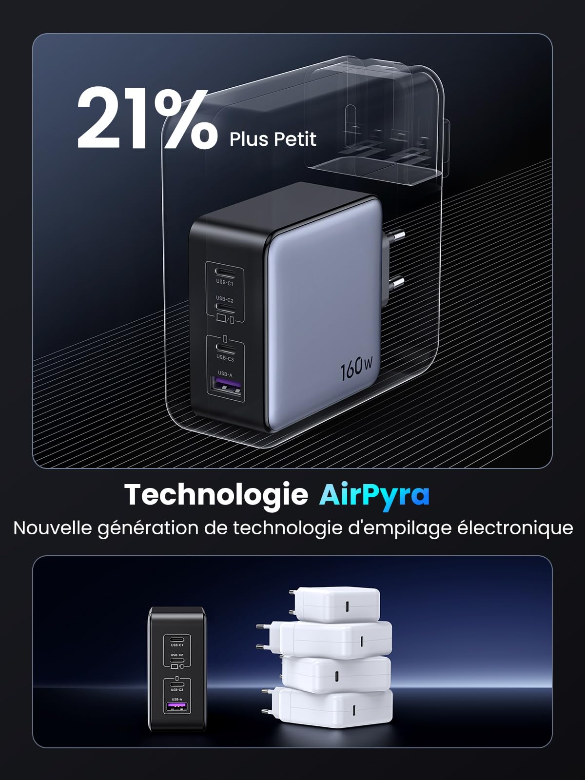 UGREEN Nexode X 160W USB C Chargeur Rapide 4 Ports GaNInfinity Prise USB C Compatible avec iPhone 16 Plus Pro Max 15 14 13 12 11 Galaxy PPS 45W S24 Ultra S23 S22 Pixel iPad MacBook Air Pro M3 M2 M1