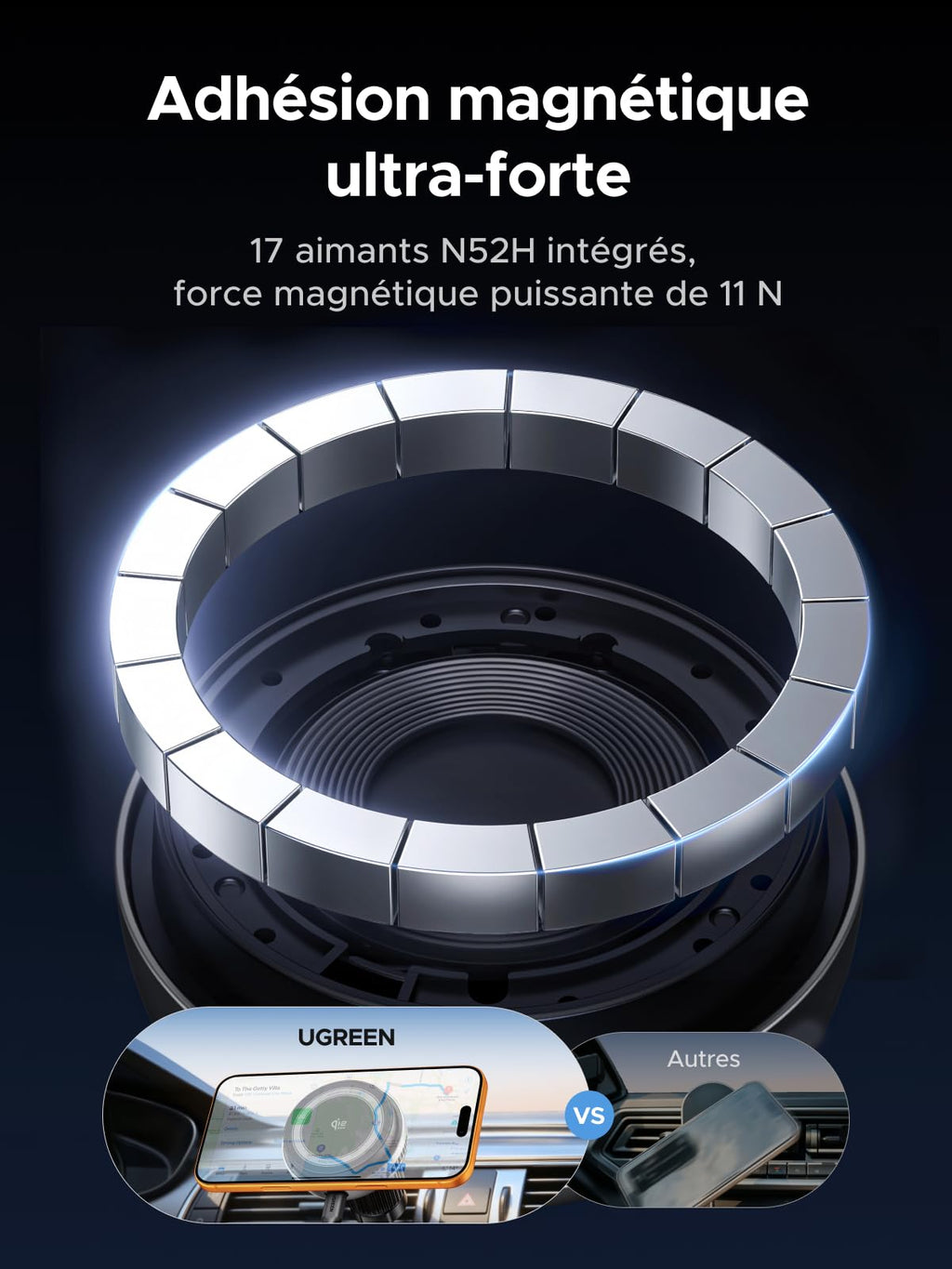 UGREEN MagFlow Pro Qi2 25W Car Charger MagSafe Air Vent Grille
