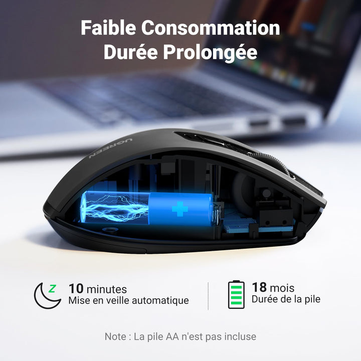 UGREEN Souris sans Fil Ergonomique Silencieuse 2,4GHz 4000 DPI Optique Réglable avec Récepteur USB Souris Ordinateur Autonomie de Pile Prolongée Compatible avec Mac PC Portable Tablette (Noir)