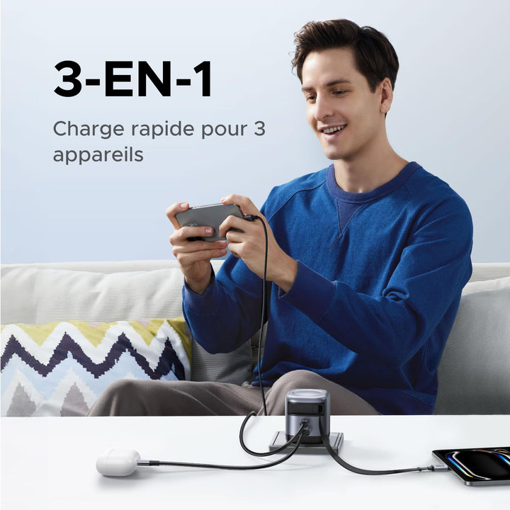 Le chargeur UGREEN Nexode 45W avec câble USB-C rétractable fonctionne comme une solution de charge 3-en-1, vous permettant de recharger rapidement un téléphone, une tablette et une montre connectée avec un seul appareil compact et efficace.