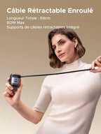 UGREEN chargeur rétractable avec câble intégré, extensible jusqu’à 69 cm, puissance maximale 60 W en mode extension.