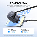 Le chargeur de voyage UGREEN Nexode 45W avec câble USB-C rétractable délivre jusqu'à 45W via le port USB-C2 avec un câble 5A — il recharge un Samsung S25 à 65 % et un iPhone 16 à 56 % en seulement 30 minutes pendant le voyage.