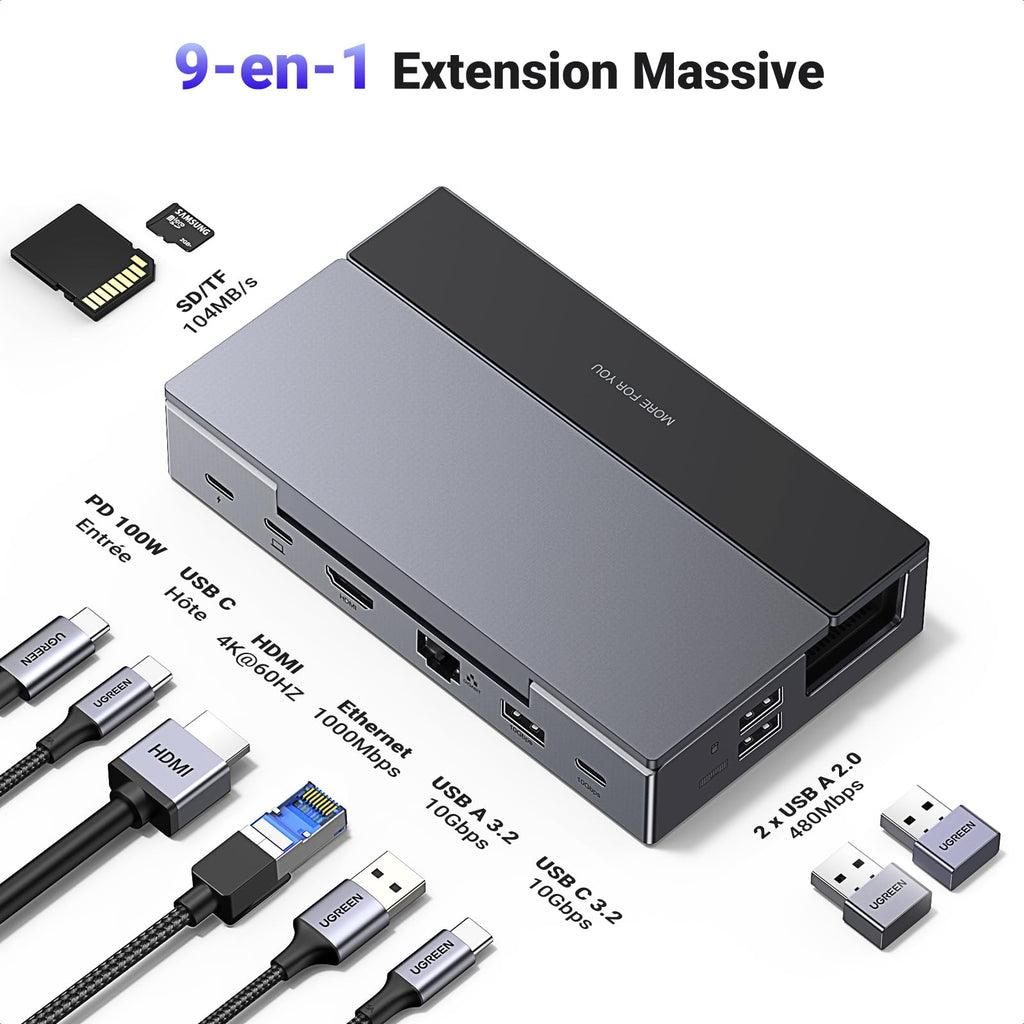 UGREEN Docking Station 9 en 1 Compatible avec Steam Deck ROG Ally X Legion Go Dock USB C ( HDMI 4K 60Hz, 10Gbps PD 100W )