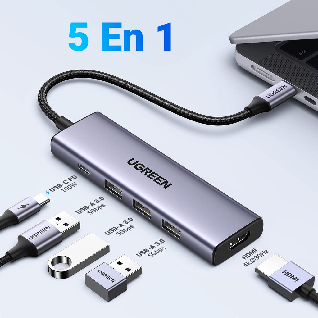 UGREEN Hub USB C 5 en 1 HDMI 4K 100W PD Charge 3 Ports USB 3.0 (Gris)