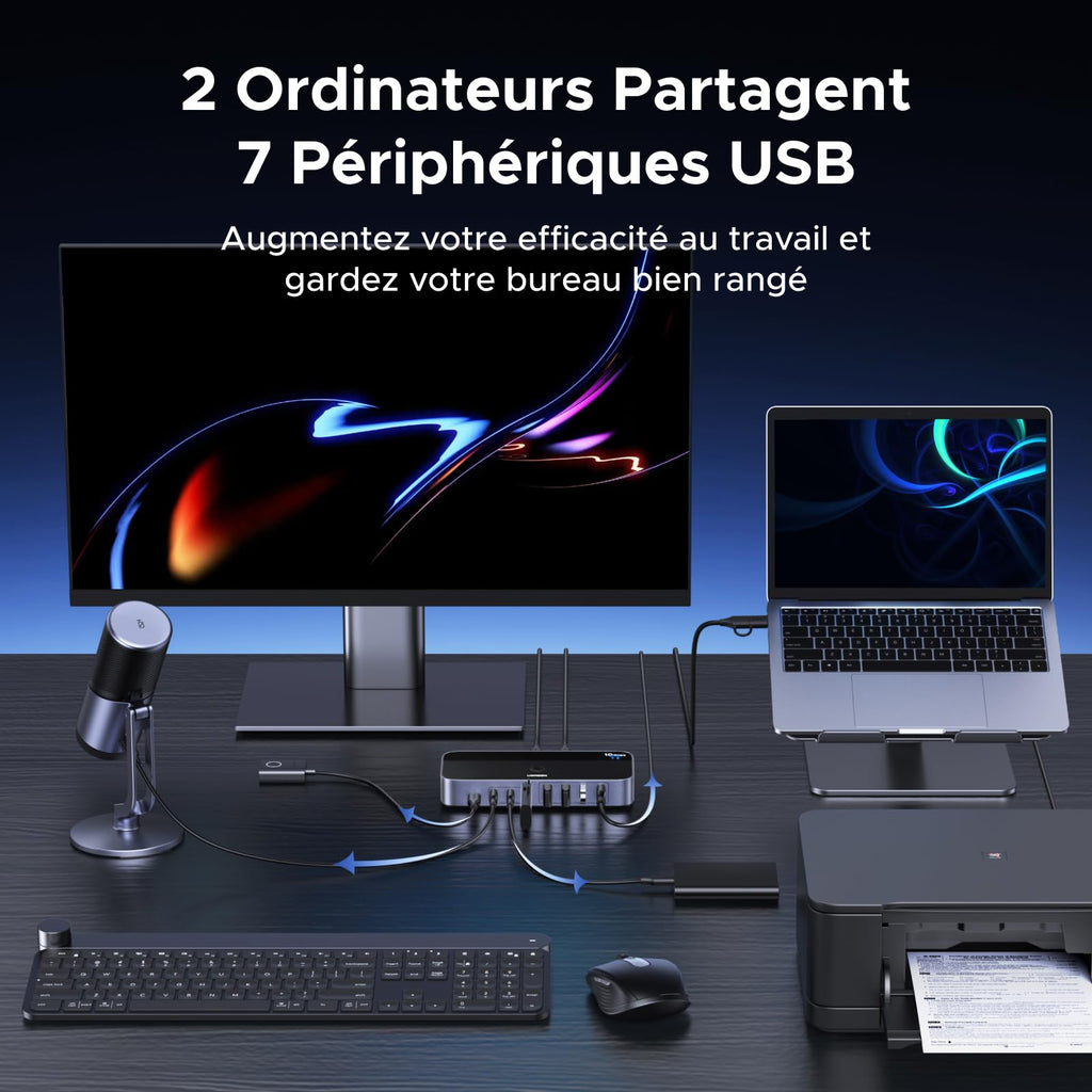 UGREEN 10Gbps Switch USB C 3.2 Commutateur KVM 2 PC Entrées 7 Sorties