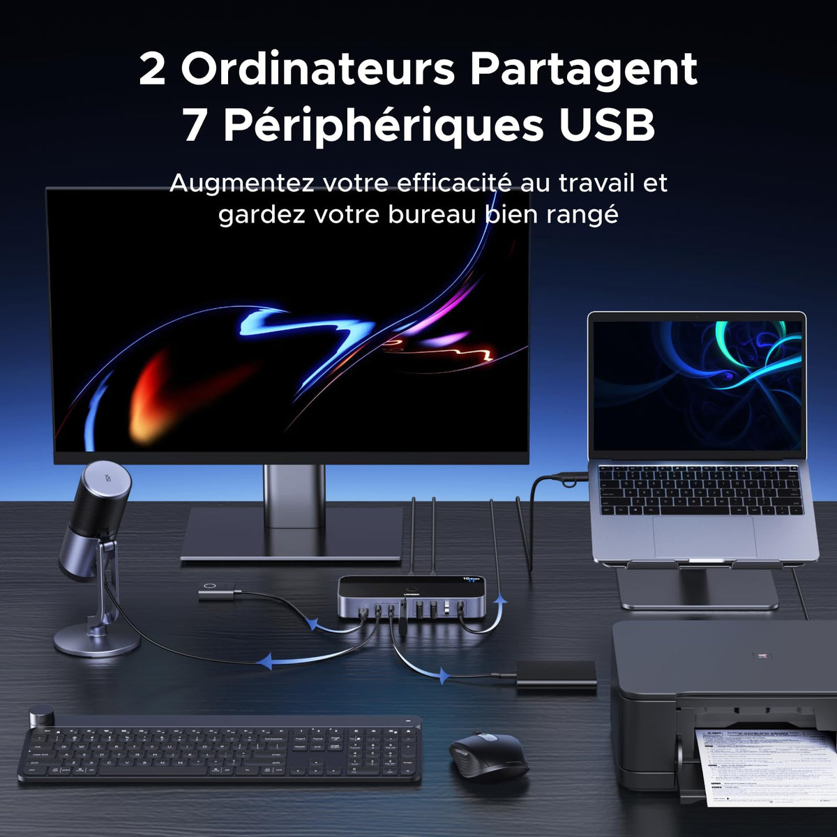 UGREEN 10Gbps Switch USB C 3.2 Commutateur KVM 2 PC Entrées 7 Sorties
