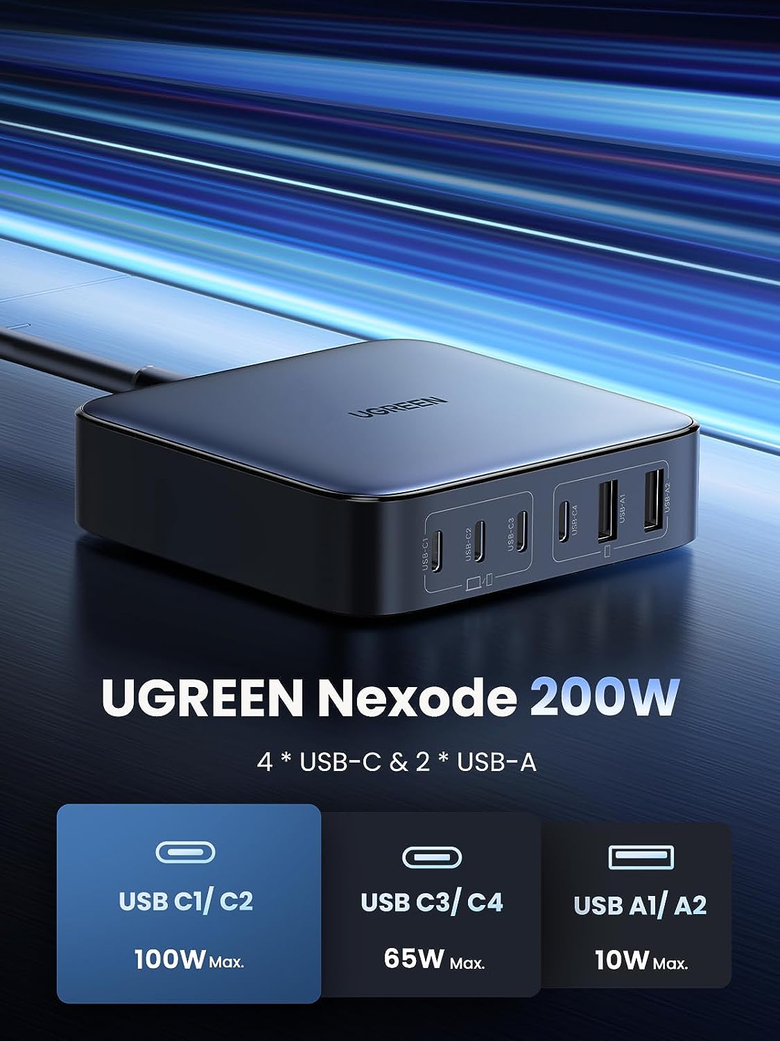 UGREEN Nexode 200W GaN Chargeur avec 2 Câble USB C PD 100W