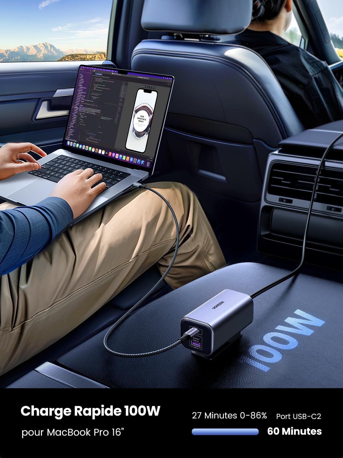 Chargeur Allume-cigare 4-en-1 66W - Ports USB-C/USB-A, Câbles Rétractables - PD30W, QC3.0 - Projecteur Lumière étoilée - 2