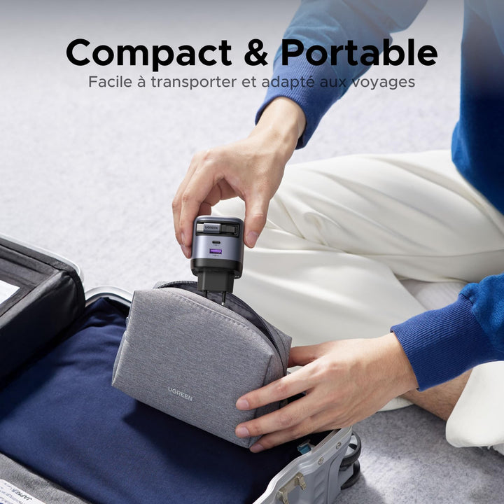 Le chargeur UGREEN Nexode 45W avec câble USB-C rétractable présente un design mini et compact qui se glisse facilement dans un sac ou une poche, ce qui en fait le compagnon de voyage idéal pour une charge rapide et bien organisée en déplacement.