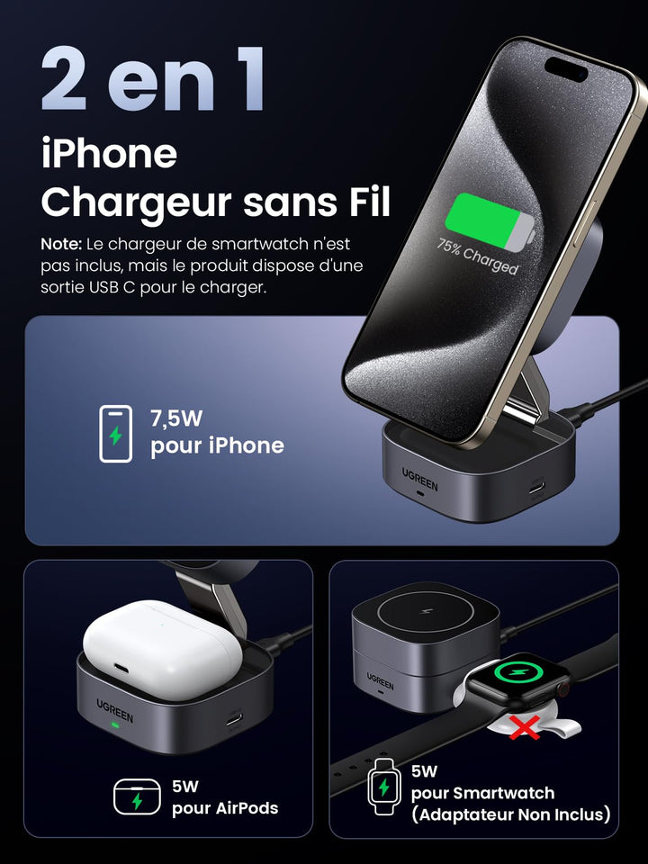 Chargeur induction ADEQWAT stand 15W compatible MagSafe 2 en 1 Chargeur induction ADEQWAT stand 15W compatible MagSafe 2 en 1