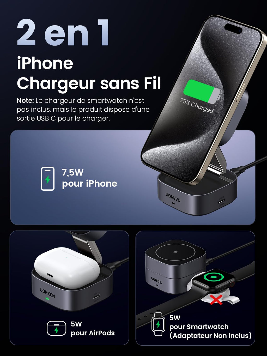 UGREEN MagFlow chargeur sans fil 2-en-1 pour appareils Apple, entièrement compatible MagSafe, délivrant une charge sans fil Qi2 15 W pour iPhone et une charge de 5 W pour les AirPods, avec un alignement magnétique puissant pour une charge sécurisée et efficace de deux appareils simultanément.