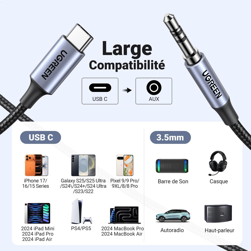 UGREEN 1M Câble USB C Jack 3.5mm TRS Stéréo Auxiliare Voiture Nylon Tressé