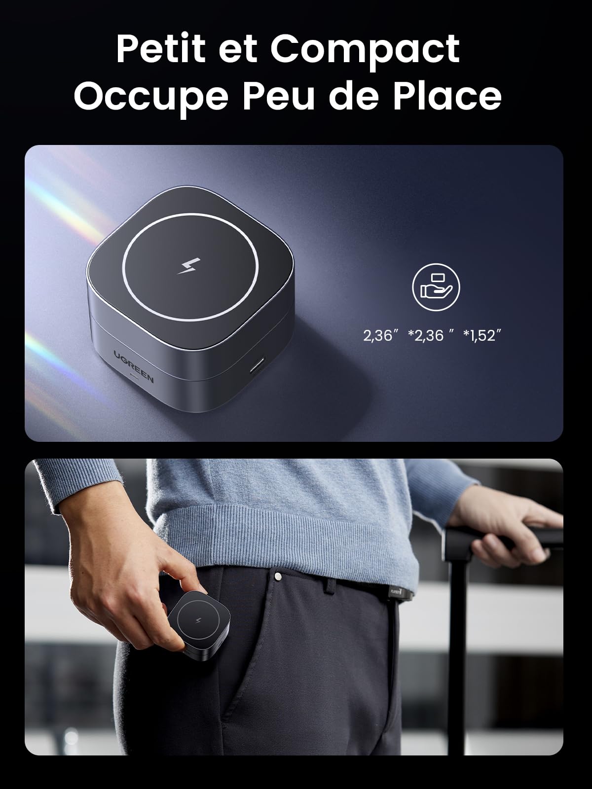 UGREEN MagFlow chargeur sans fil 2-en-1 avec design magnétique, compatible MagSafe et charge sans fil Qi2 15W, doté d’un design pliable compact et peu encombrant, idéal pour le voyage et le bureau.