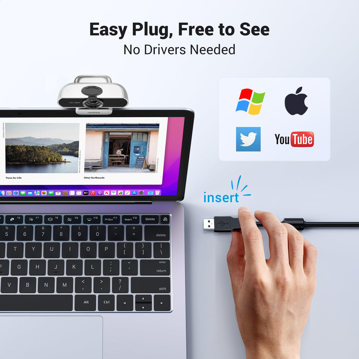 UGREEN Webcam Full HD 1080P 30FPS Caméra USB PC Mise au Point Fixe