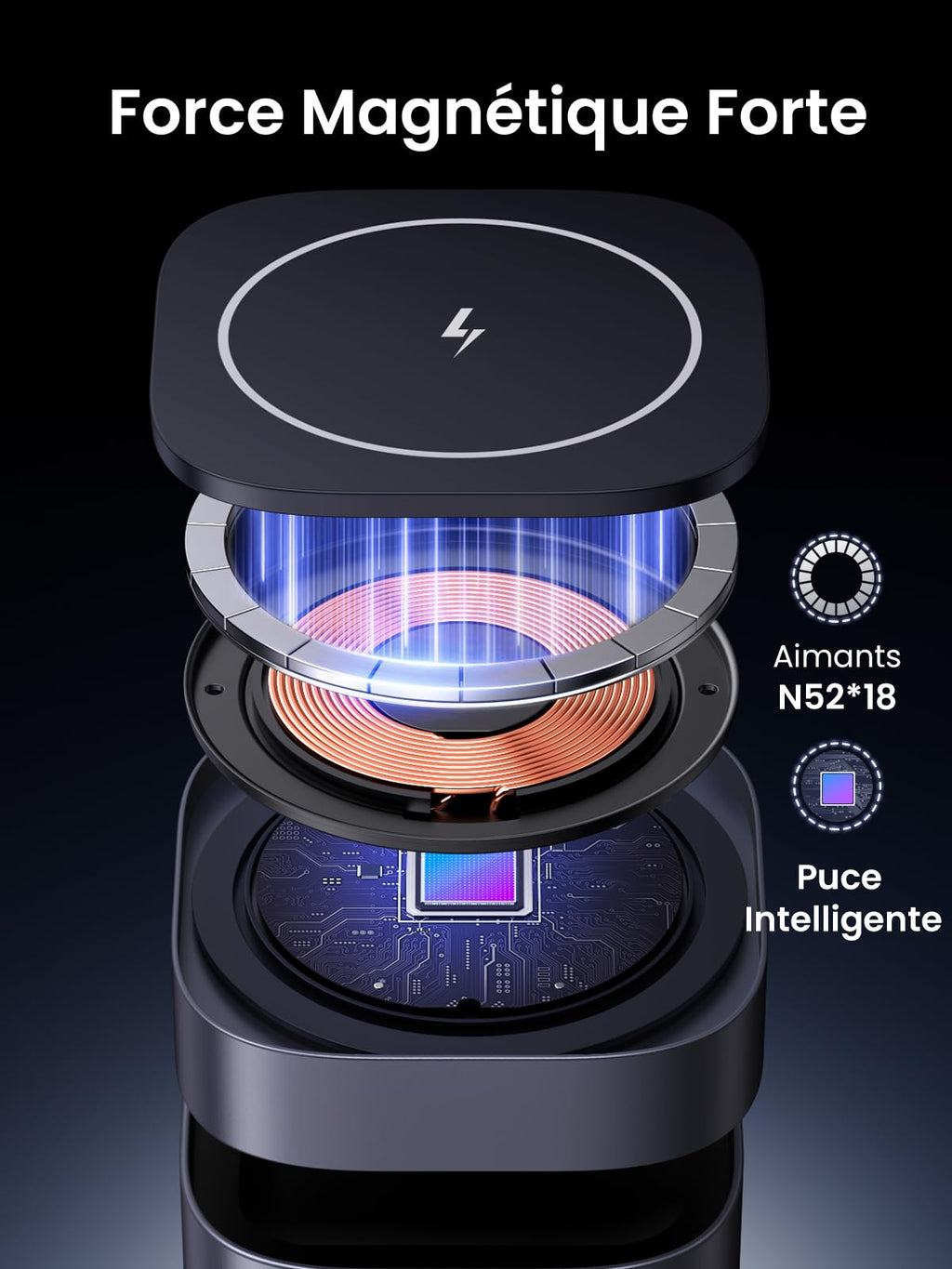UGREEN MagFlow chargeur sans fil 2-en-1 avec forte force magnétique, équipé d’aimants N52*18, d’un capteur en cuivre pur et d’une puce intelligente, entièrement compatible MagSafe et supportant la charge sans fil Qi2 15 W pour une charge rapide et sécurisée de l’iPhone et des AirPods.