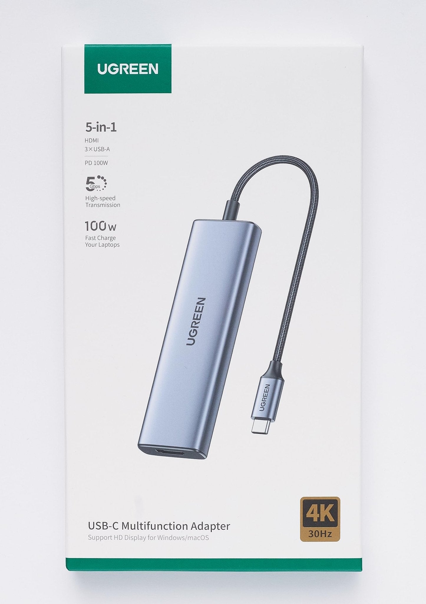 UGREEN Hub USB C 5 en 1 HDMI 4K 100W PD Charge 3 Ports USB 3.0 (Gris)