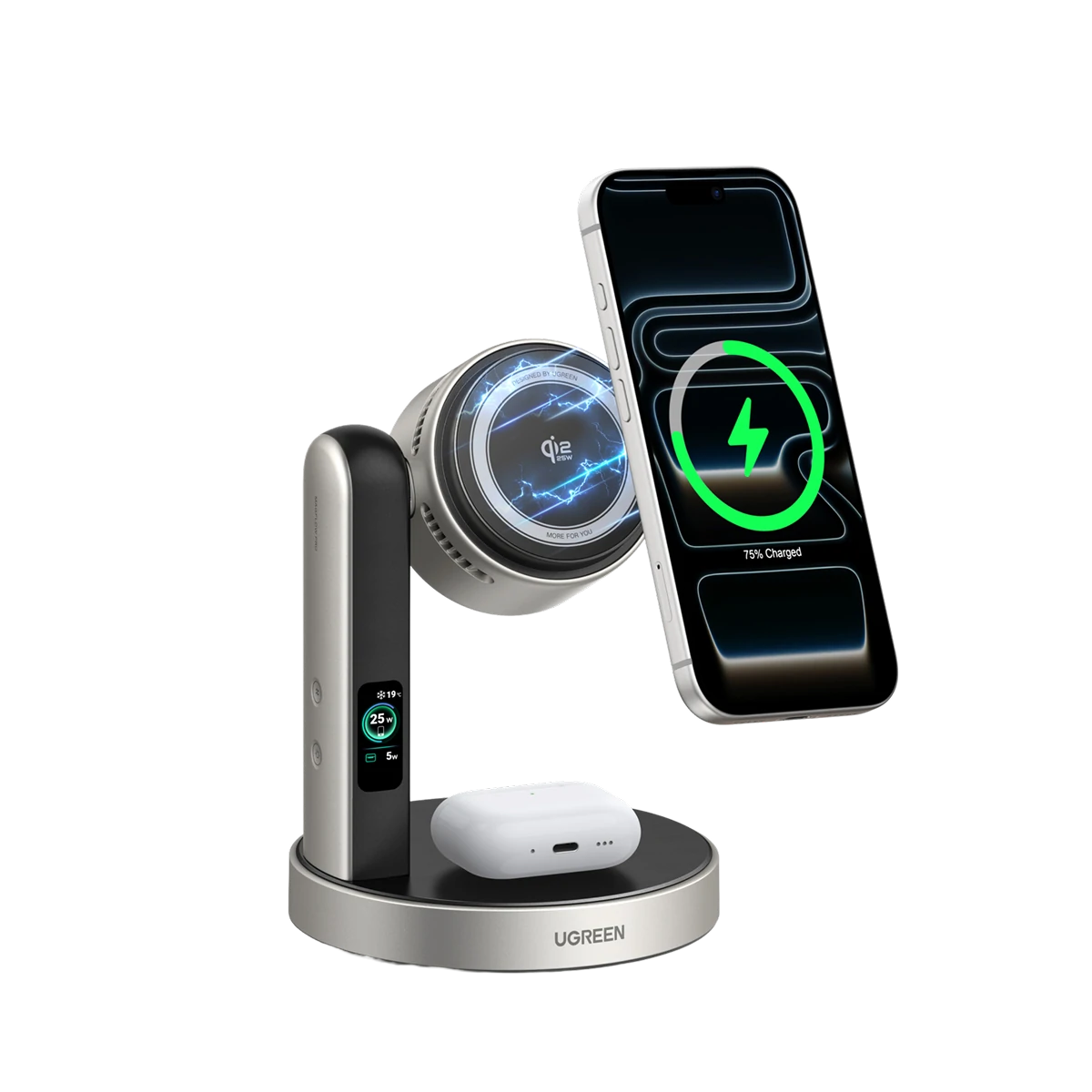 UGREEN MagFlow Pro Station de Recharge Magnétique Sans Fil (2-en-1, Qi2 25 W, Système de Refroidissement Intelligent)