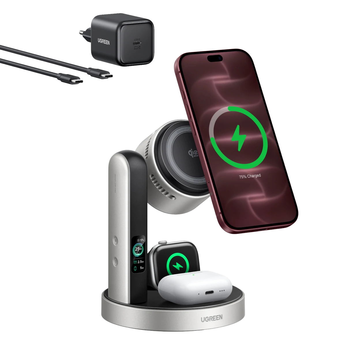 UGREEN MagFlow Pro Station de Recharge Magnétique Sans Fil (3-en-1, Qi2 25 W)
