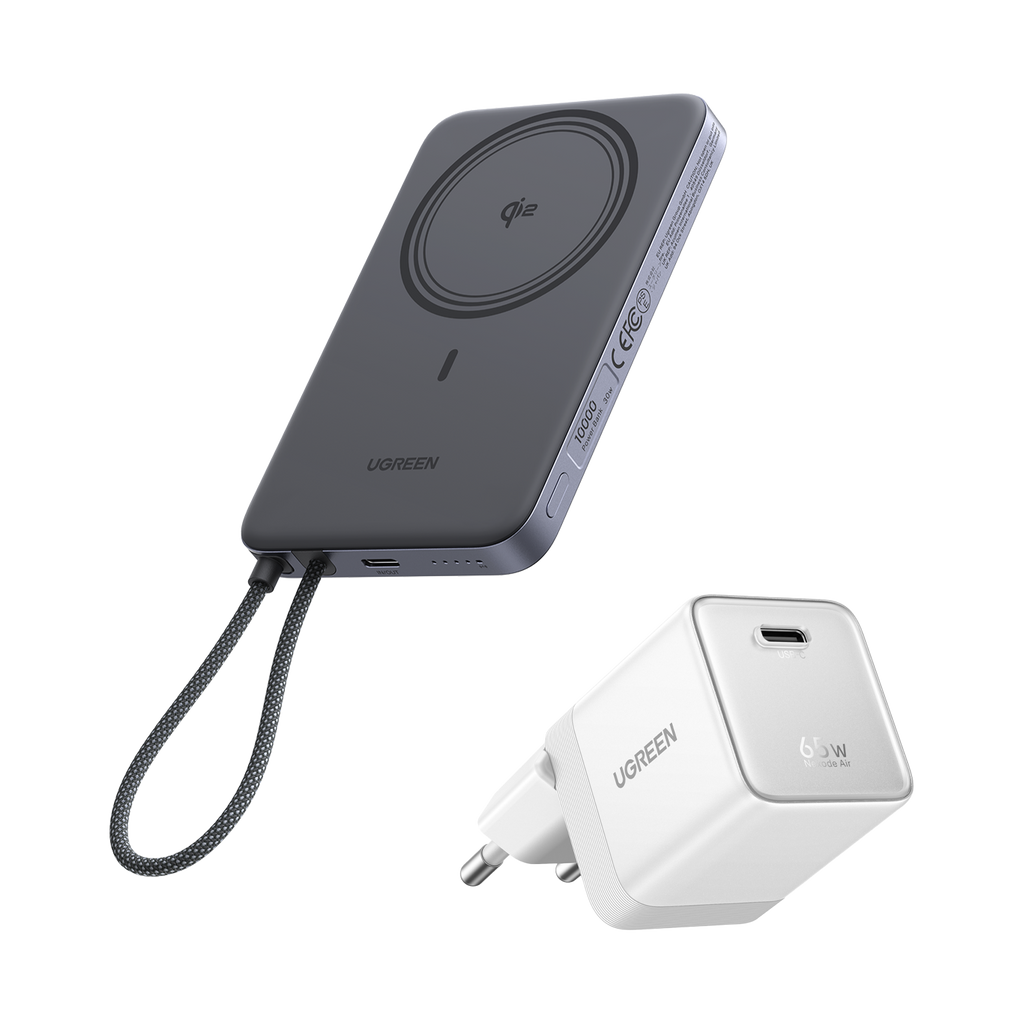 UGREEN MagFlow Air Batterie Externe & Chargeur Nexode Air en Pack (5 000 mAh / 10 000 mAh, Qi2 15 W, GaN 65 W)