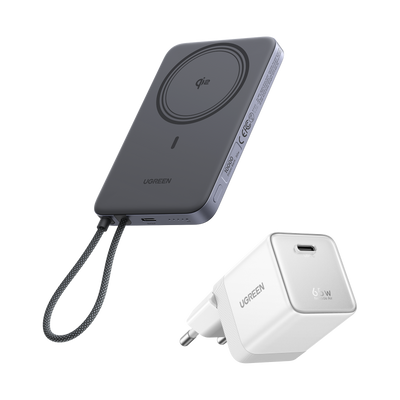 UGREEN MagFlow Air Batterie Externe & Chargeur Nexode Air en Pack (5 000 mAh / 10 000 mAh, Qi2 15 W, GaN 65 W)