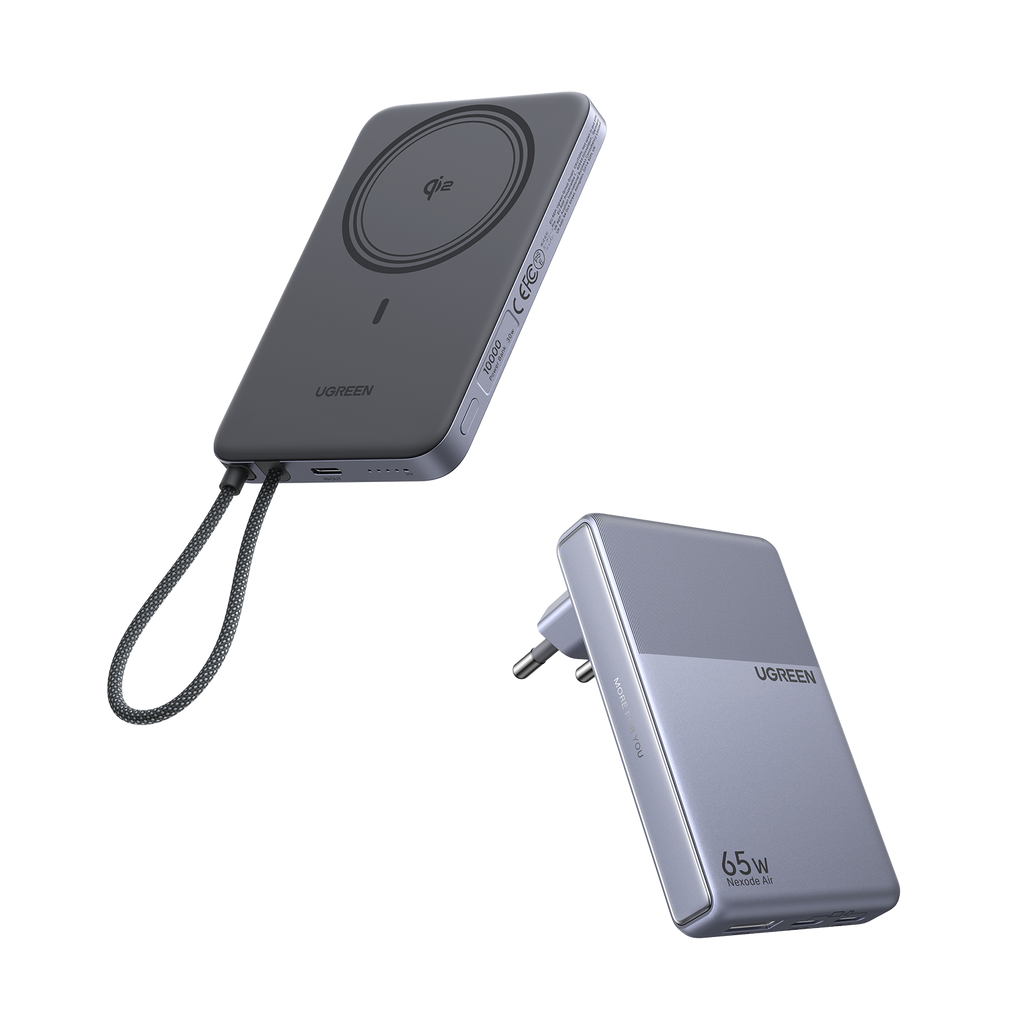 UGREEN MagFlow Air Batterie Externe & Chargeur Nexode Air en Pack (5 000 mAh / 10 000 mAh, Qi2 15 W, GaN 65 W)