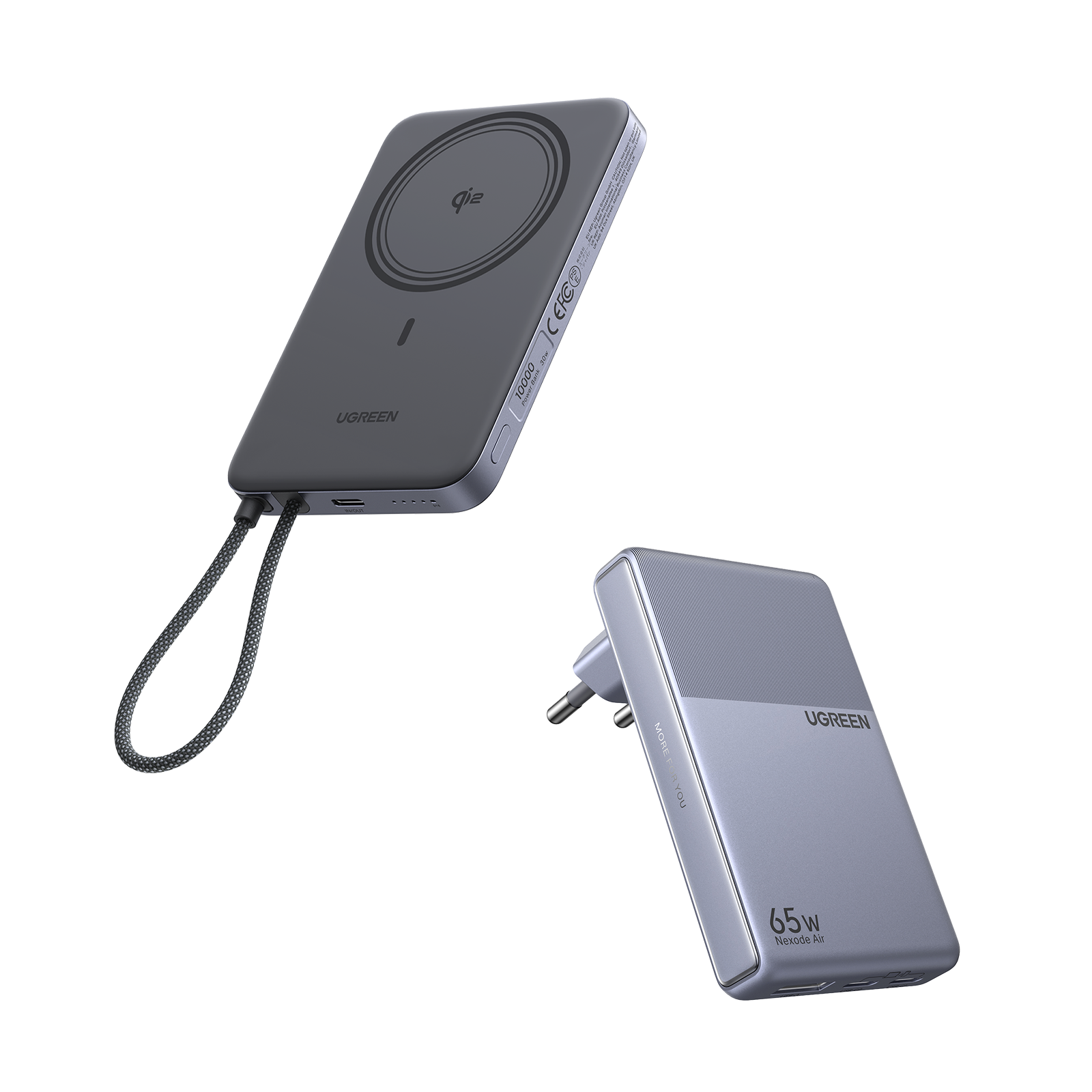 UGREEN MagFlow Air Batterie Externe & Chargeur Nexode Air en Pack (5 000 mAh / 10 000 mAh, Qi2 15 W, GaN 65 W)