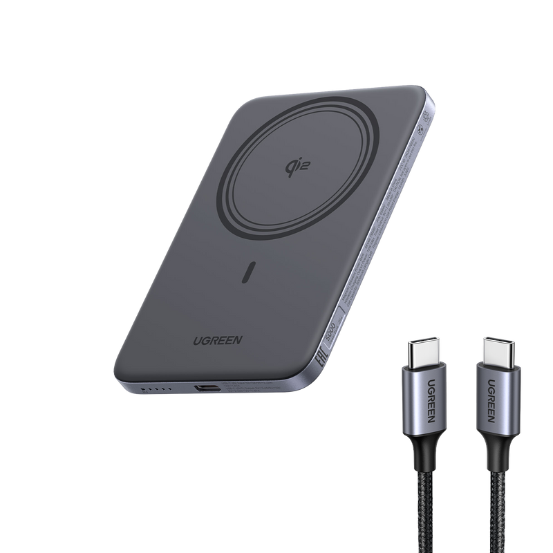 UGREEN MagFlow Air Batterie Externe Magnétique en Pack (5 000 mAh / 10 000 mAh, Qi2 15 W, Câble USB-C 60 W de 0.5m Inclus)