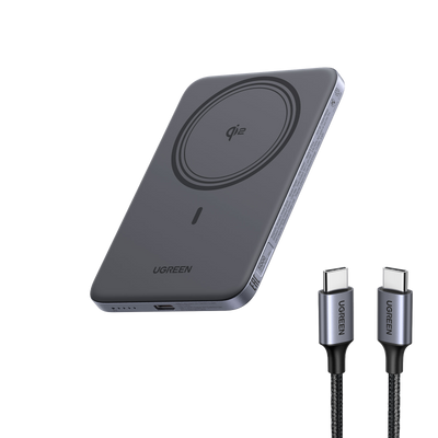 UGREEN MagFlow Air Batterie Externe Magnétique en Pack (5 000 mAh / 10 000 mAh, Qi2 15 W, Câble USB-C 60 W de 0.5m Inclus)