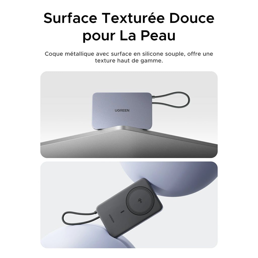 UGREEN MagFlow Air Batterie Externe Magnétique (10 000 mAh, Qi2 15 W, Câble USB-C Intégré)