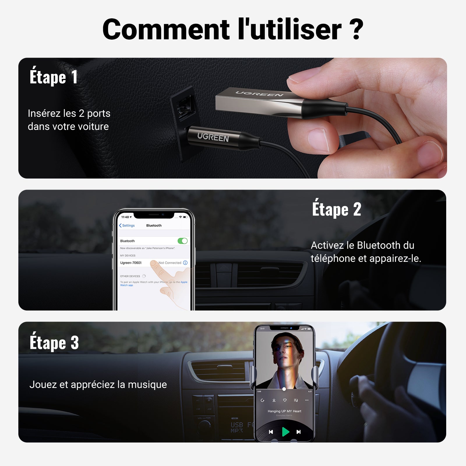 UGREEN Adaptateur Jack Bluetooth 5.3 pour Voiture Récepteur Bluetooth