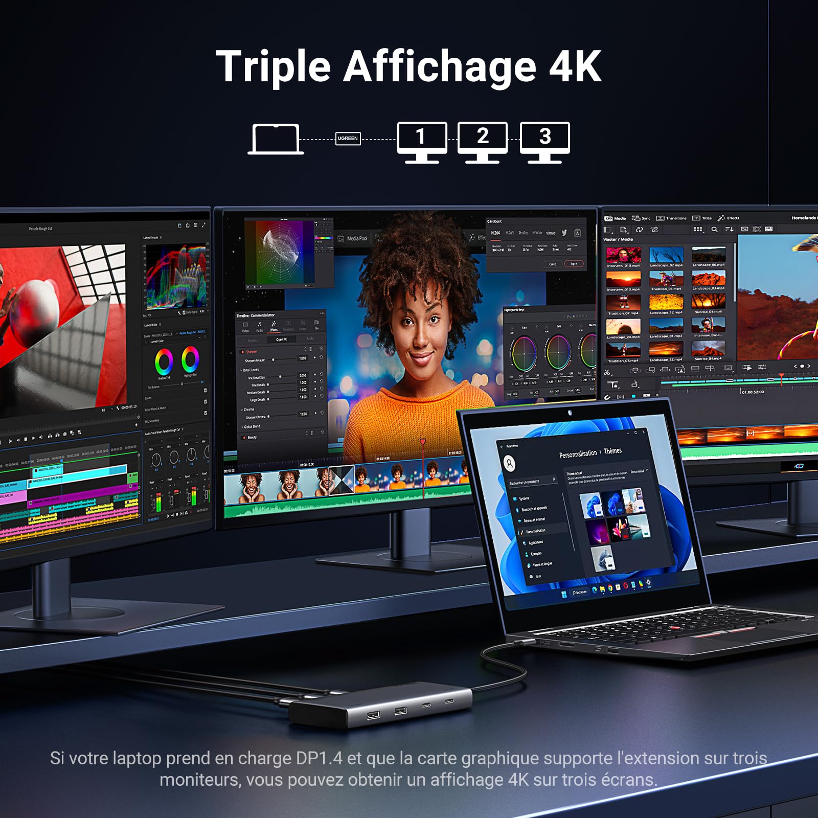 UGREEN Revodok 308 Hub USB C 8-en-1 (4K Triple Affichage, PD100W) -triple affichage 4k