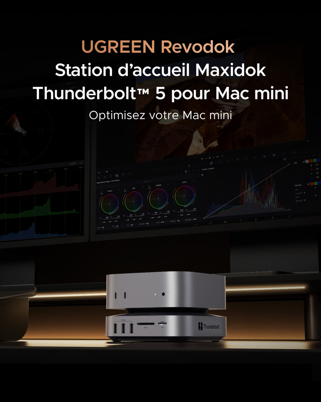 UGREEN Maxidok Station d’accueil Thunderbolt™ 5 10-en-1 pour Mac mini avec slot SSD M.2 NVMe, double affichage 6K pour Mac mini M4/M4 Pro