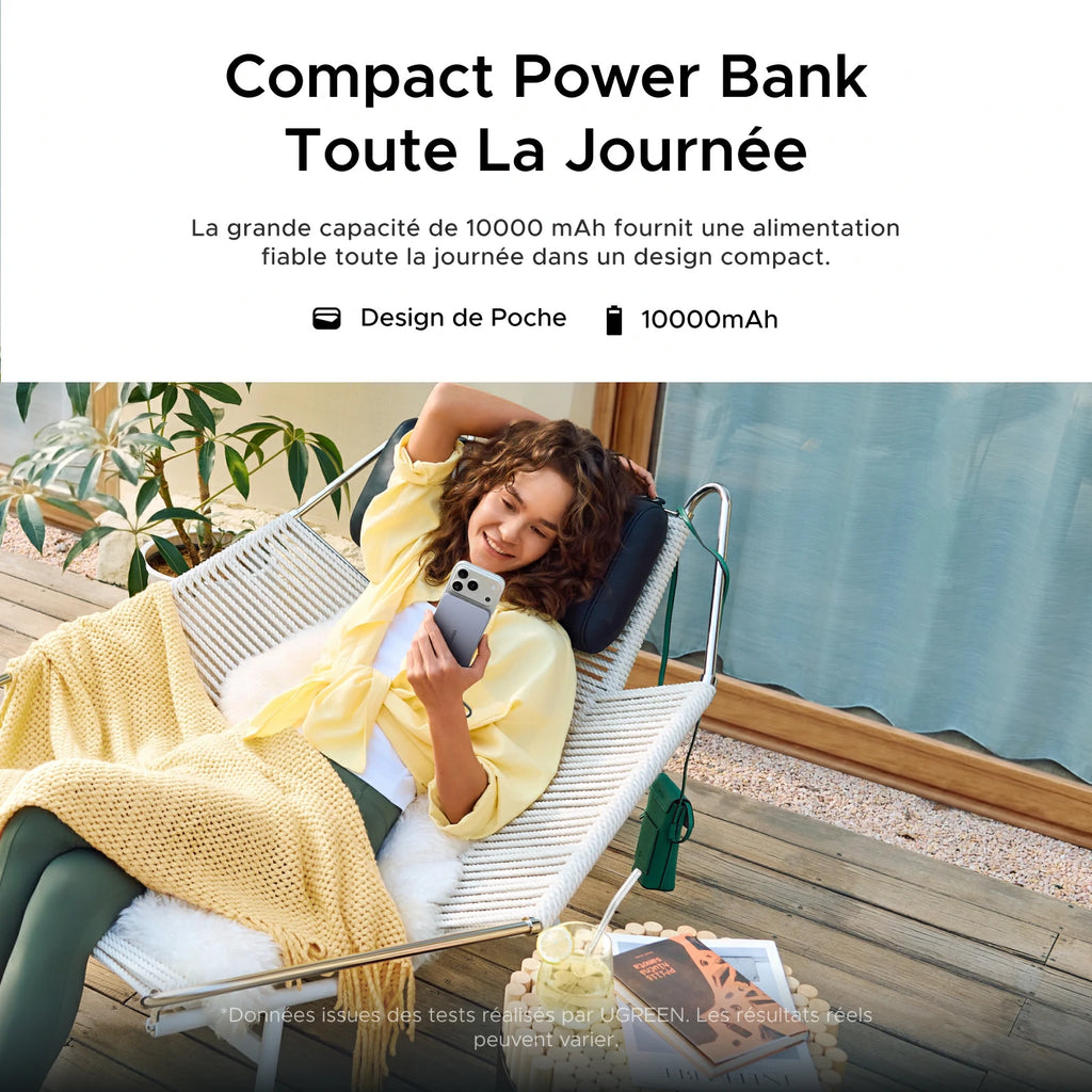 UGREEN MagFlow Air Batterie Externe Magnétique (10 000 mAh, Qi2 15 W, Câble USB-C Intégré)
