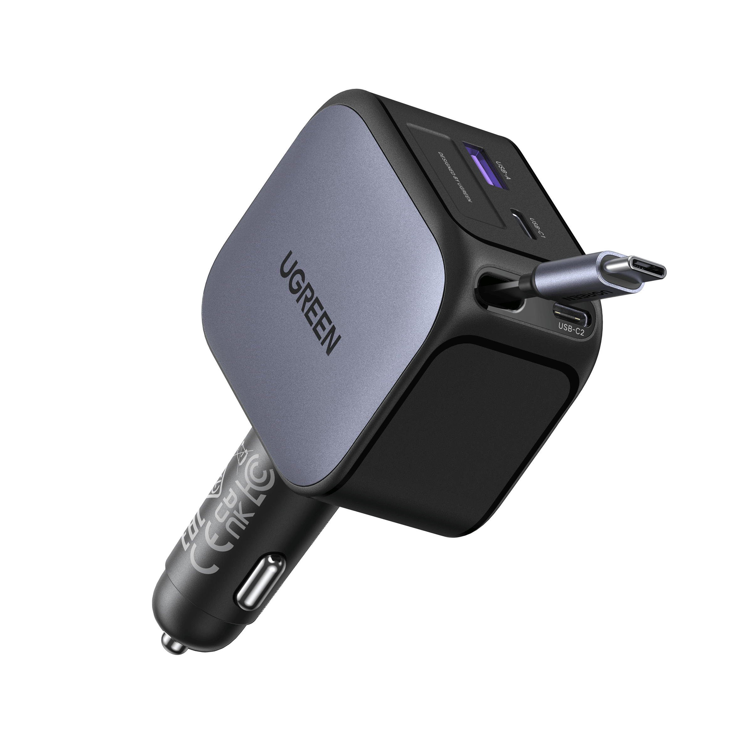 Chargeur voiture UGREEN Nexode 145W avec câble USB-C rétractable de 70 cm, idéal comme chargeur de voyage pour les déplacements. Il fournit jusqu'à 100 W sur un seul port et 145 W en charge rapide en utilisant deux ports simultanément. Grâce à ses multiples protections de sécurité, ce chargeur de voyage permet d’alimenter simultanément jusqu’à 4 appareils comme les smartphones, tablettes, ordinateurs portables et appareils photo.