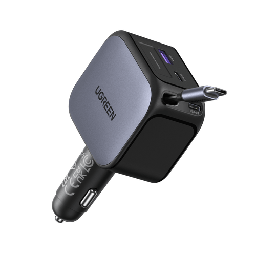 Chargeur voiture UGREEN Nexode 145W avec câble USB-C rétractable de 70 cm, idéal comme chargeur de voyage pour les déplacements. Il fournit jusqu'à 100 W sur un seul port et 145 W en charge rapide en utilisant deux ports simultanément. Grâce à ses multiples protections de sécurité, ce chargeur de voyage permet d’alimenter simultanément jusqu’à 4 appareils comme les smartphones, tablettes, ordinateurs portables et appareils photo.