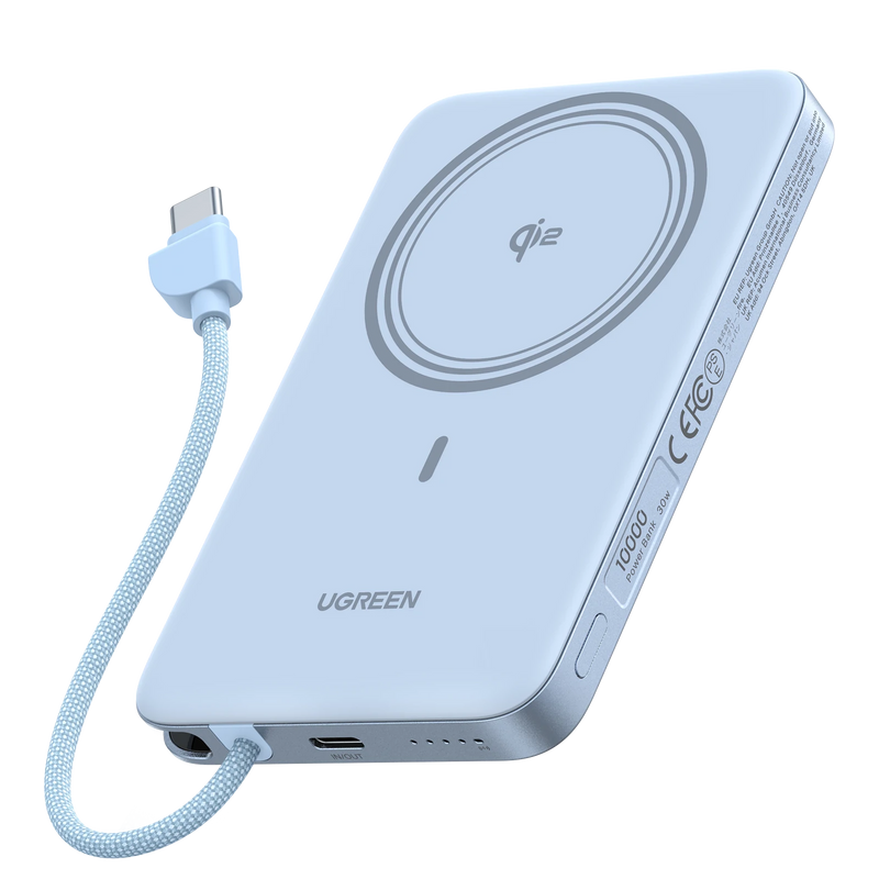 UGREEN MagFlow Air Batterie Externe Magnétique (10 000 mAh, Qi2 15 W, Câble USB-C Intégré)