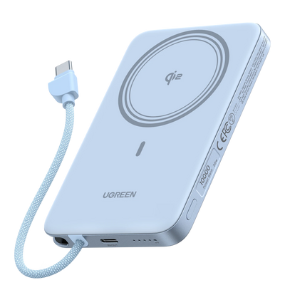 UGREEN MagFlow Air Batterie Externe Magnétique (10 000 mAh, Qi2 15 W, Câble USB-C Intégré)