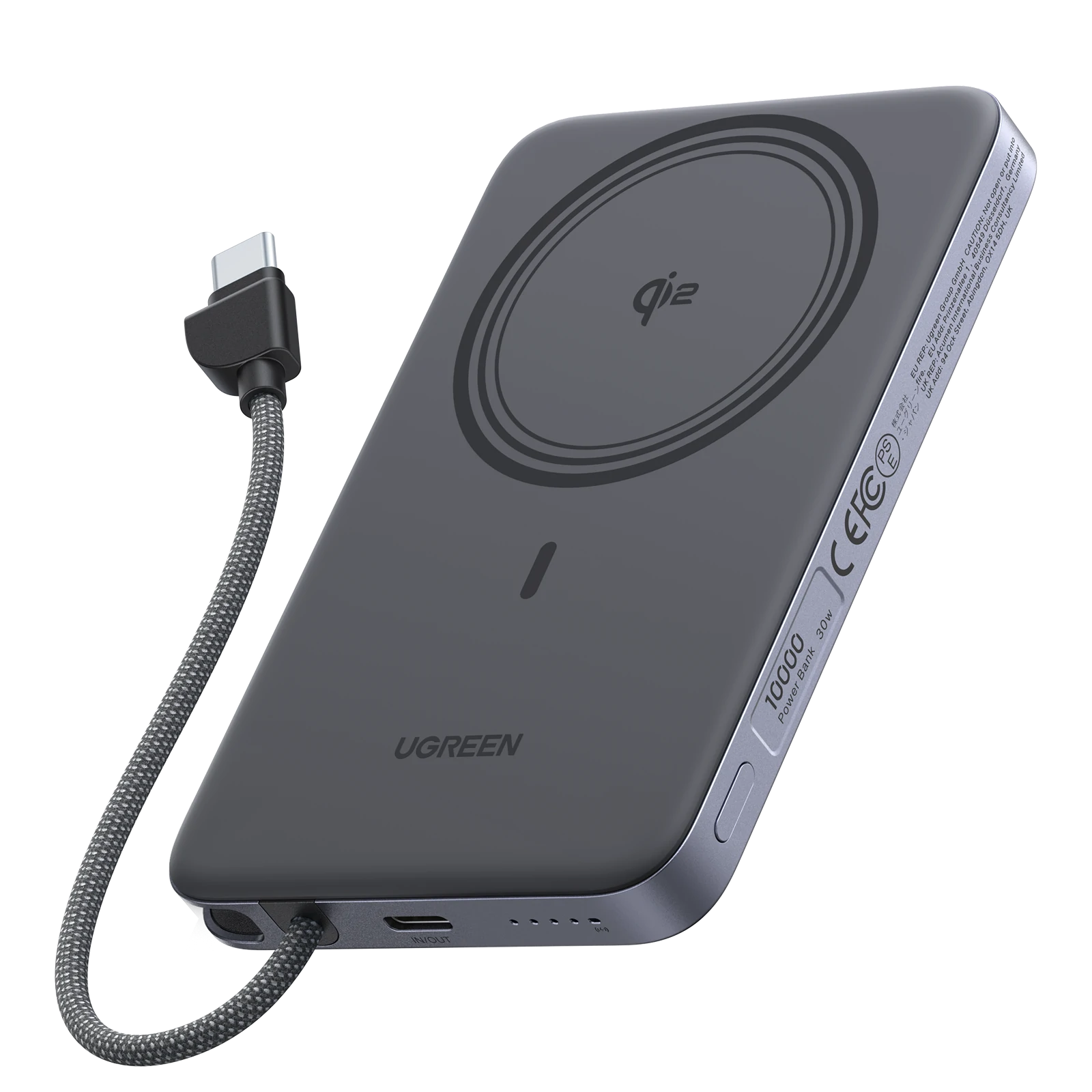 UGREEN MagFlow Air Batterie Externe Magnétique (10 000 mAh, Qi2 15 W, Câble USB-C Intégré)
