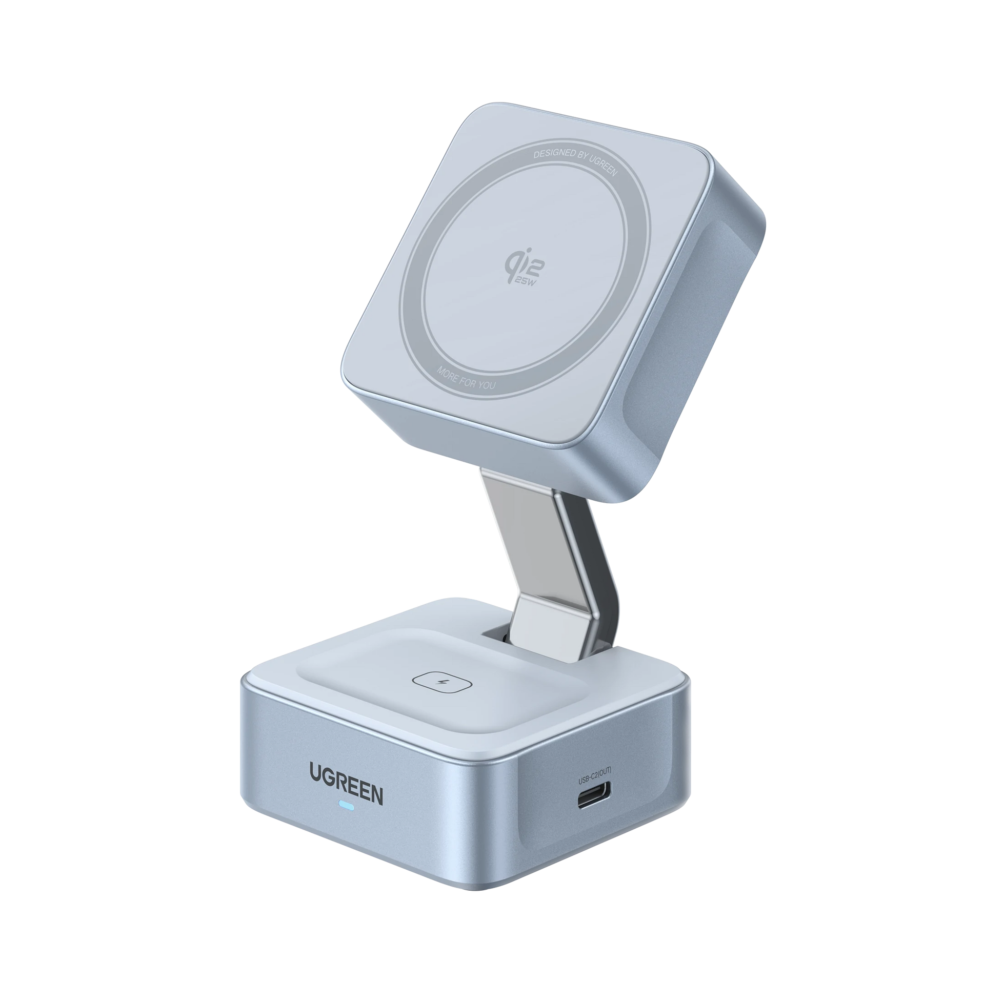 Le chargeur sans fil 2-en-1 UGREEN MagFlow fonctionne comme chargeur MagSafe et alternative de batterie magnétique, offrant la charge sans fil rapide Qi2 25 W pour alimenter simultanément l’iPhone et les AirPods, constituant une solution polyvalente de batterie MagSafe pour les appareils compatibles MagSafe.