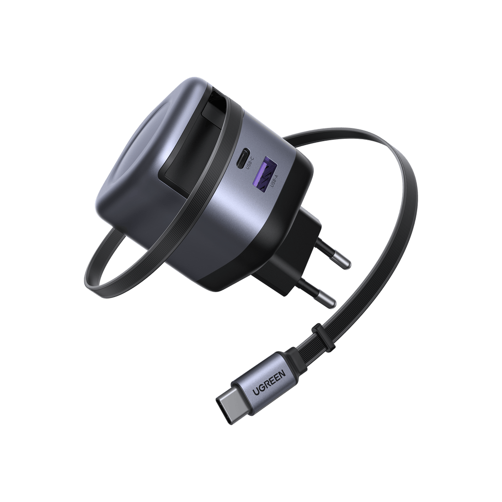 Le chargeur UGREEN Nexode 45W avec câble USB-C rétractable combine la technologie de charge rapide GaN et un câble intégré de 69 cm, offrant une alimentation efficace et compacte pour plusieurs appareils à la maison, au bureau ou en déplacement.