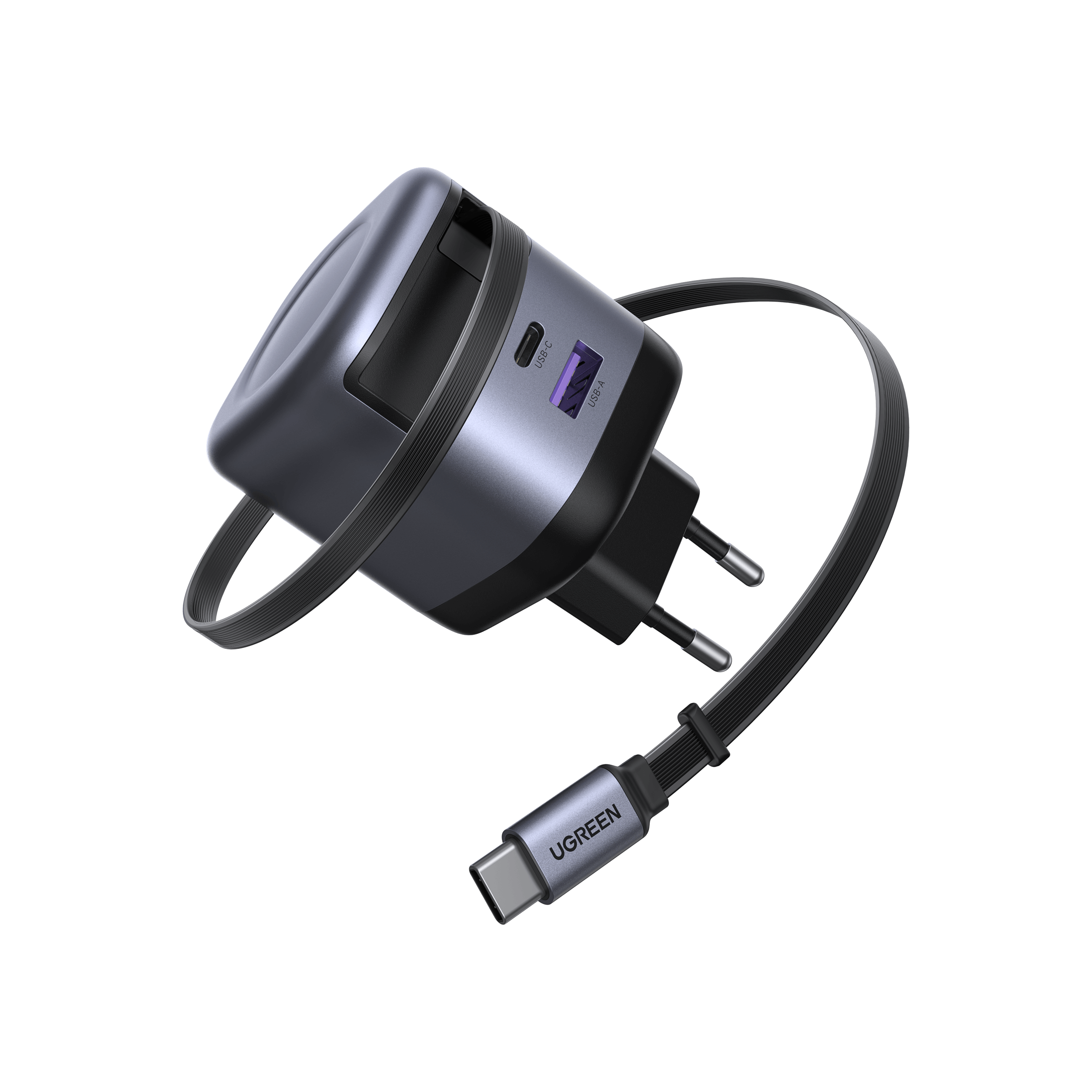 Le chargeur UGREEN Nexode 45W avec câble USB-C rétractable combine la technologie de charge rapide GaN et un câble intégré de 69 cm, offrant une alimentation efficace et compacte pour plusieurs appareils à la maison, au bureau ou en déplacement.