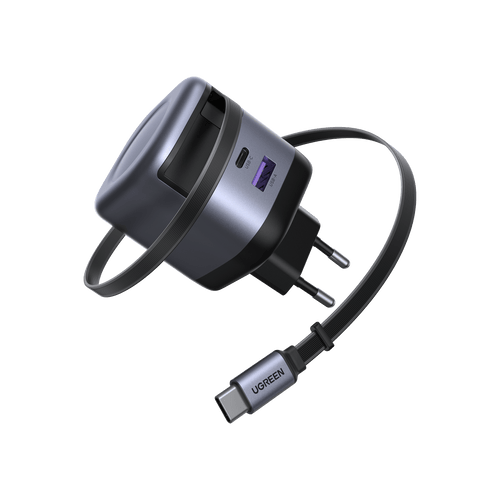 Le chargeur UGREEN Nexode 45W avec câble USB-C rétractable combine la technologie de charge rapide GaN et un câble intégré de 69 cm, offrant une alimentation efficace et compacte pour plusieurs appareils à la maison, au bureau ou en déplacement.