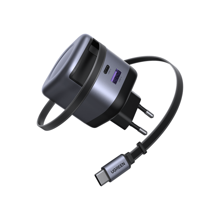 Le chargeur UGREEN Nexode 45W avec câble USB-C rétractable combine la technologie de charge rapide GaN et un câble intégré de 69 cm, offrant une alimentation efficace et compacte pour plusieurs appareils à la maison, au bureau ou en déplacement.