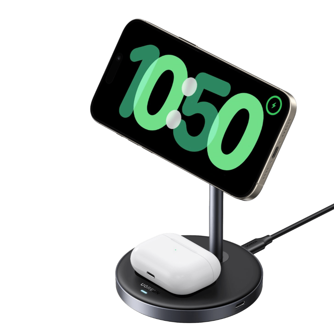 Le chargeur sans fil UGREEN MagFlow 2-en-1 est sous forme de support.